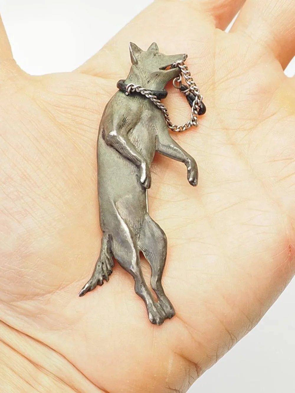OOAK whimsical hand signed sterling silver jumping dog w leash brooch pin